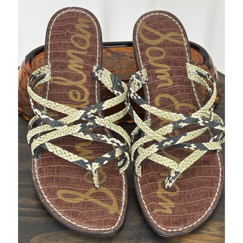 Sam Edelman Georgette Sandals 10M 40 Green Snakeskin Strappy Flat Thong Slide